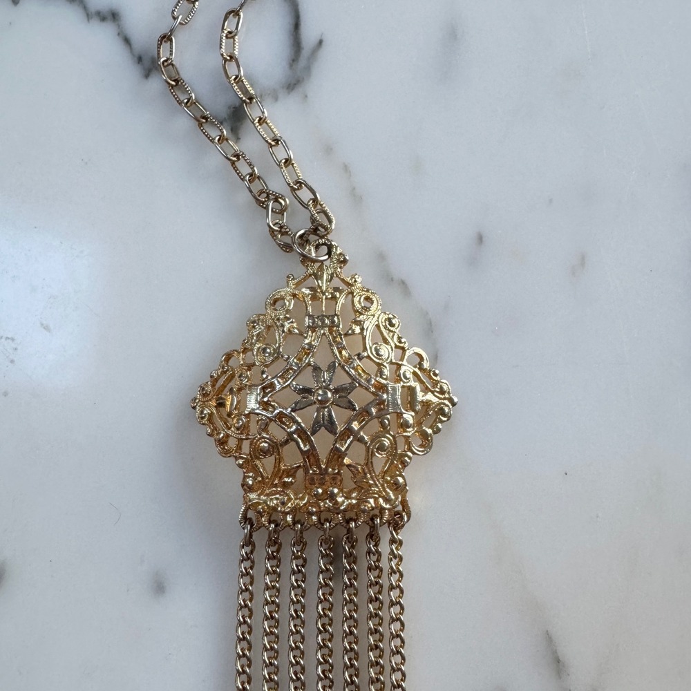 Vintage Boho Style Tassel Statement Necklace Gold Tone Festival Estruscan Mogul - Picture 7 of 9